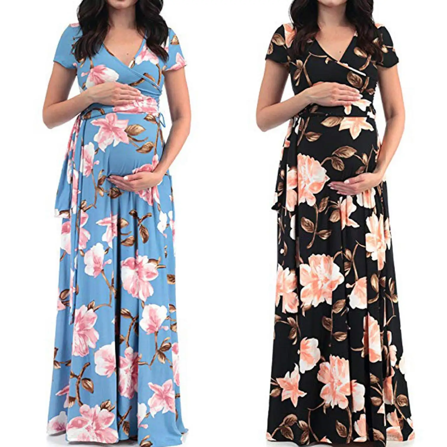 Fuyu toptan kadınlar artı boyutu çiçek baskı hamile elbise kısa kollu yumuşak hamile elbiseleri kemer ile