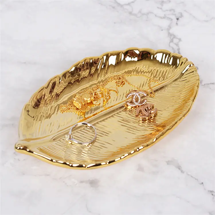 تصميم خاص الذهبي ليف علبة رائعة الديكور الجدول التخزين لوحة مجوهرات من السيراميك صينية