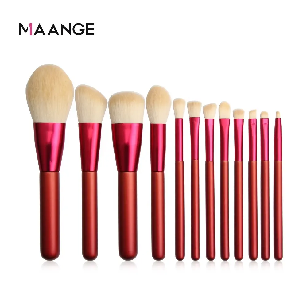 Maange Private Label Make-Up Borstels Cosmetisch 12 Rood Hout Handvat Nylon Haar Professionele Aangepaste Make-Up Borstel Set