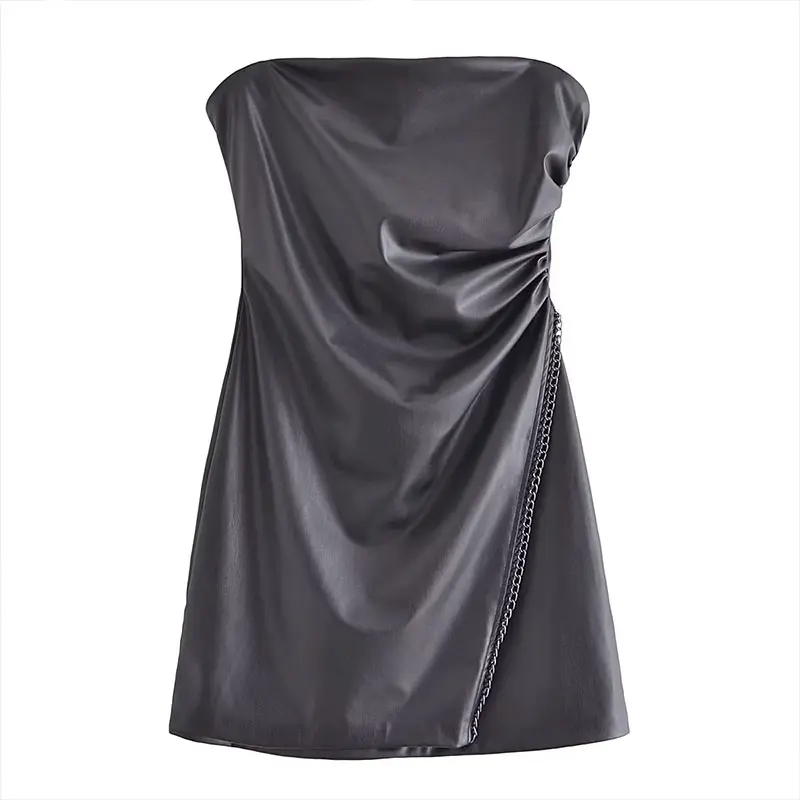 ZATRHMBM otoño ropa de mujer 2023 nueva cadena de moda Falda de tubo de cuero de imitación Retro Casual Sexy vestido de mujer sin espalda