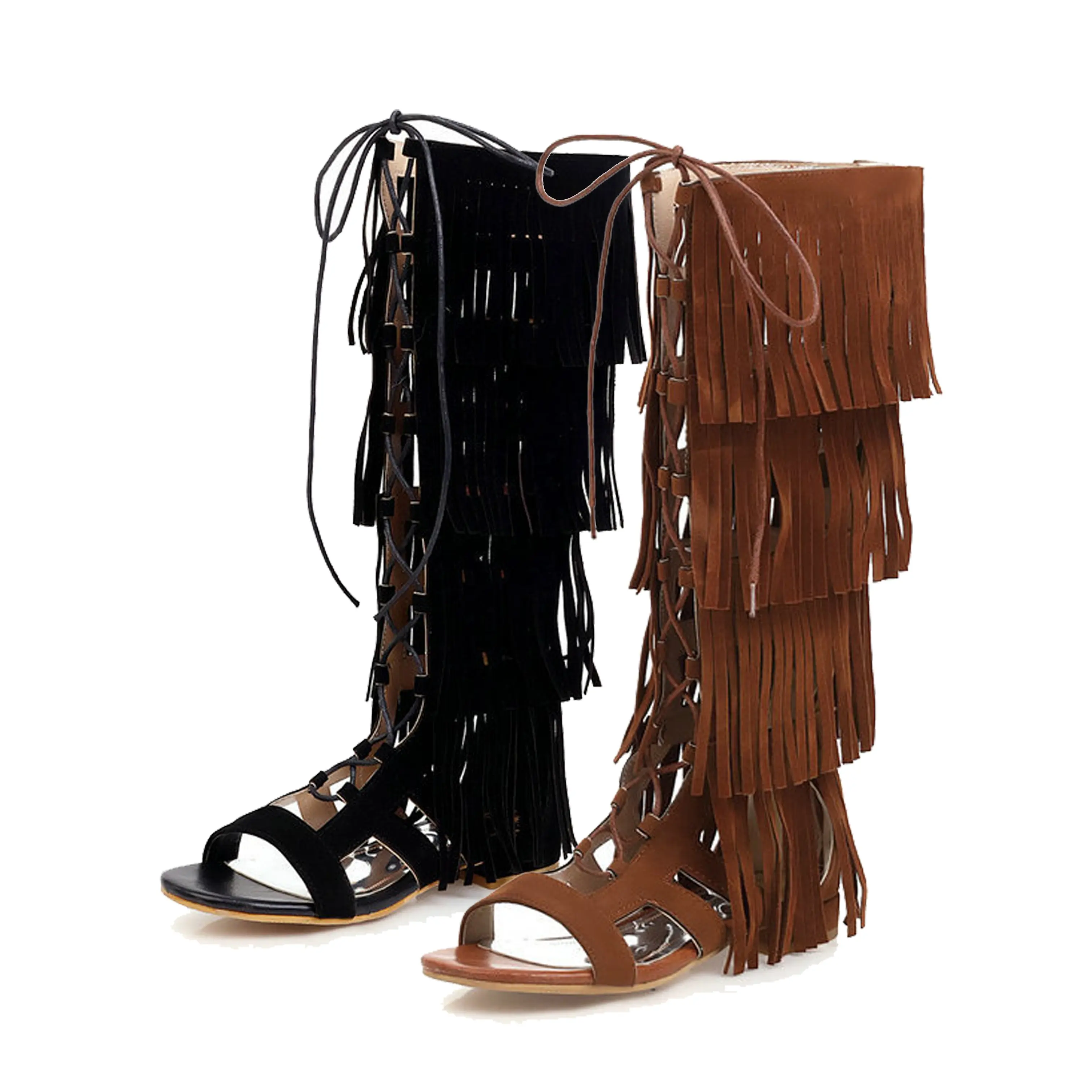 Sandália gladiadora com borlas altas e joelho elegante para mulheres e meninas mais vendidas