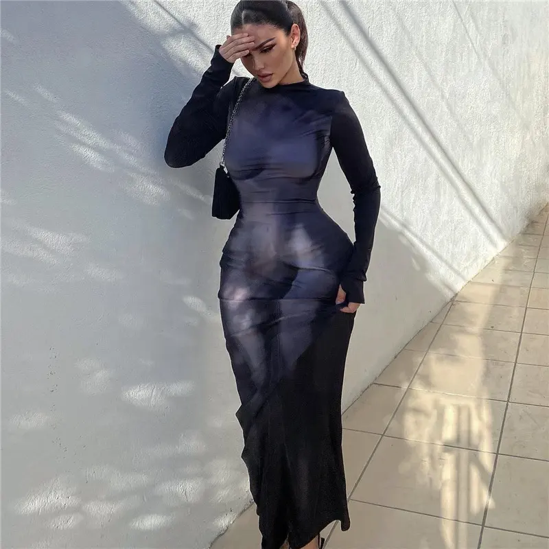 3D الجسم طباعة أسود Bodycon فستان طويل المرأة كم طويل سليم صالح مصمم فساتين 2023