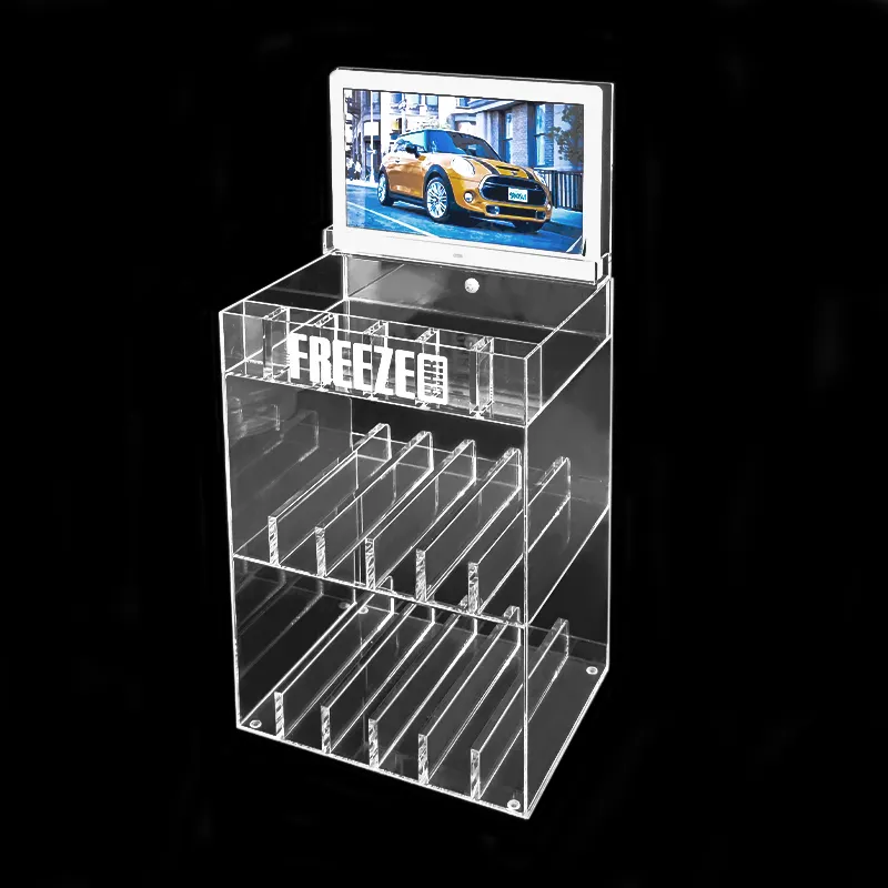 Tinya Fabricante Liquid Cigarette Racks Para Lojas De Conveniência Countertop Clear Acrílico Display Stand Com Tela LCD