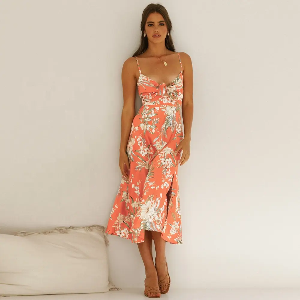 Vestido largo de verano con estampado Floral para mujer, ropa sexy con abertura lateral y lazo en el pecho, para mujer, 2022