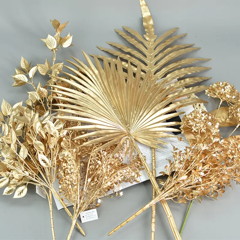 Ramo de folha de ouro para decoração de casamento, flores suspensas, haste longa, planta artificial dourada e flores para decoração de casa e natal