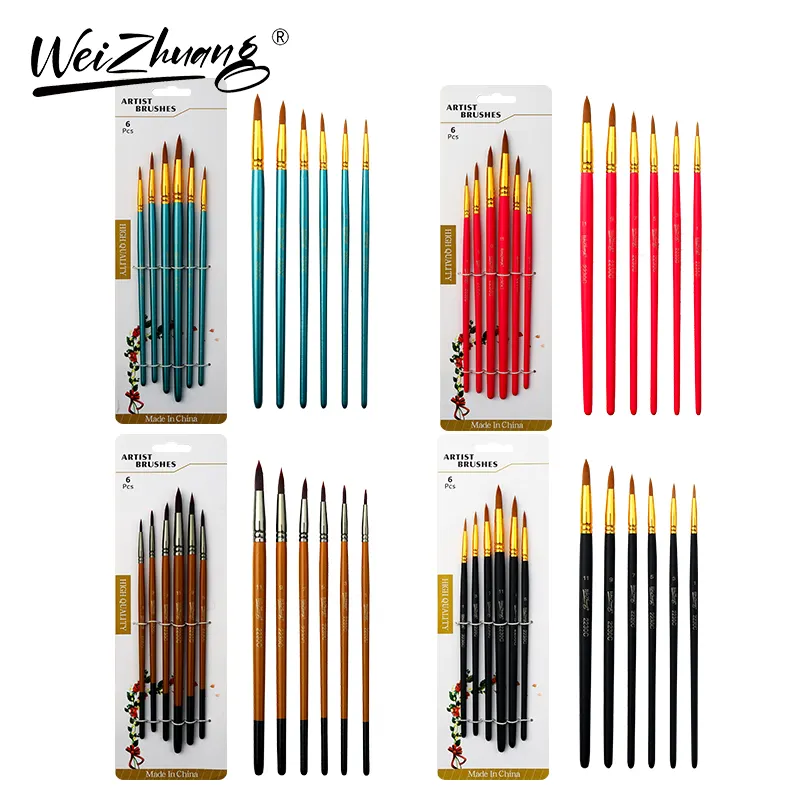 Weizhuang Alta Qualidade De Madeira Pintura Longo Handle Ponto Redondo 6 Pcs Nylon Brush Set Pincéis de tinta acrílica