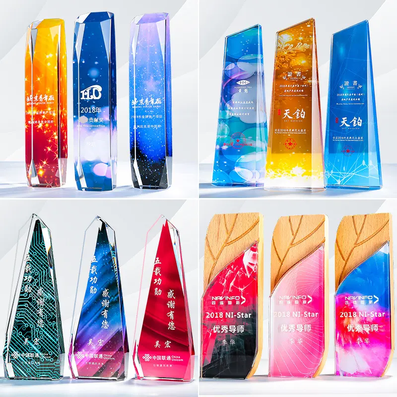 Prêmios 3d troféus de vidro cor impressão fotos ano reunião troféus cristal personalizado