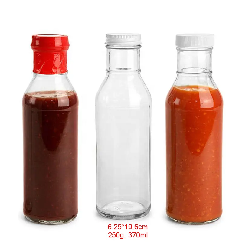 Claro redonda de 360ml 12 oz chili de tomate, vinagre de aceite de vidrio botellas de salsa con tapa de plástico