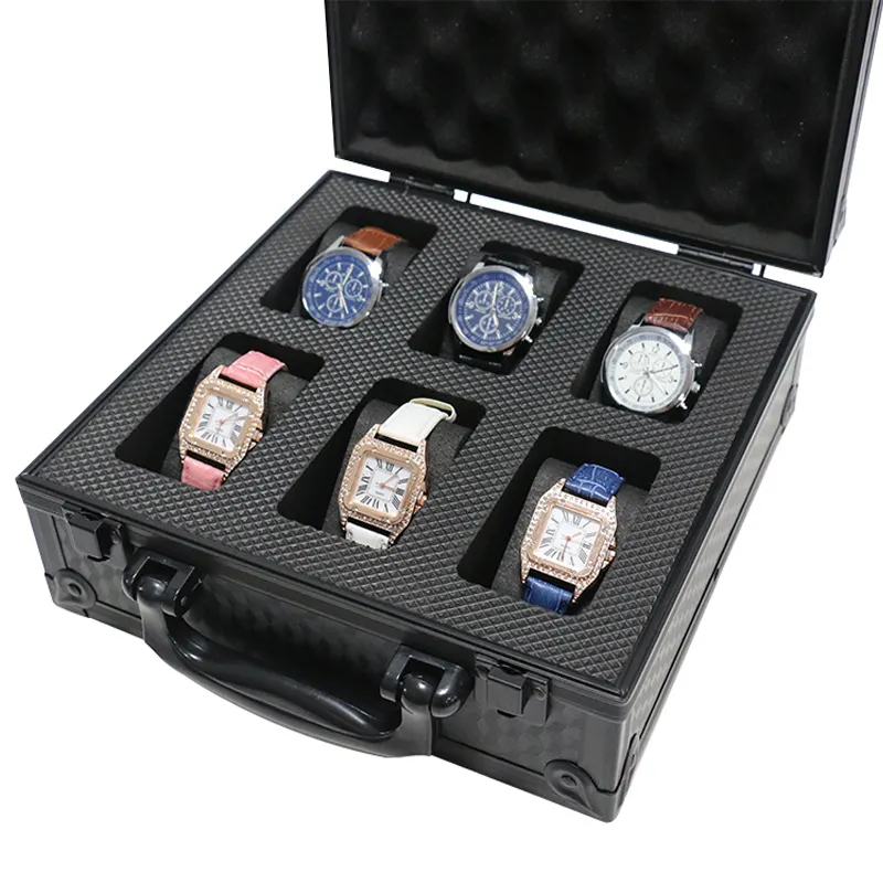 Estuche de exhibición de reloj con 6 ranuras de aluminio de lujo personalizado Maleta de almacenamiento con almohadas