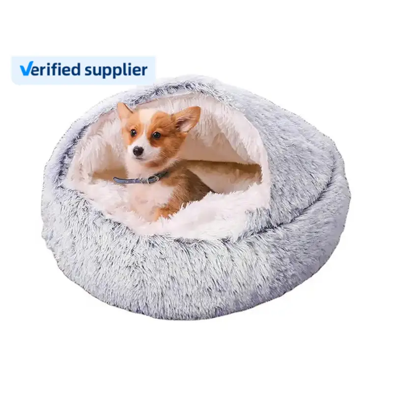 Wholesale Hot Sale Custom Faux Fur Comfortable Washable Luxury Fluffy Plush Cave Hooded Cat Dog Beds Round Pet Bed For Dogs