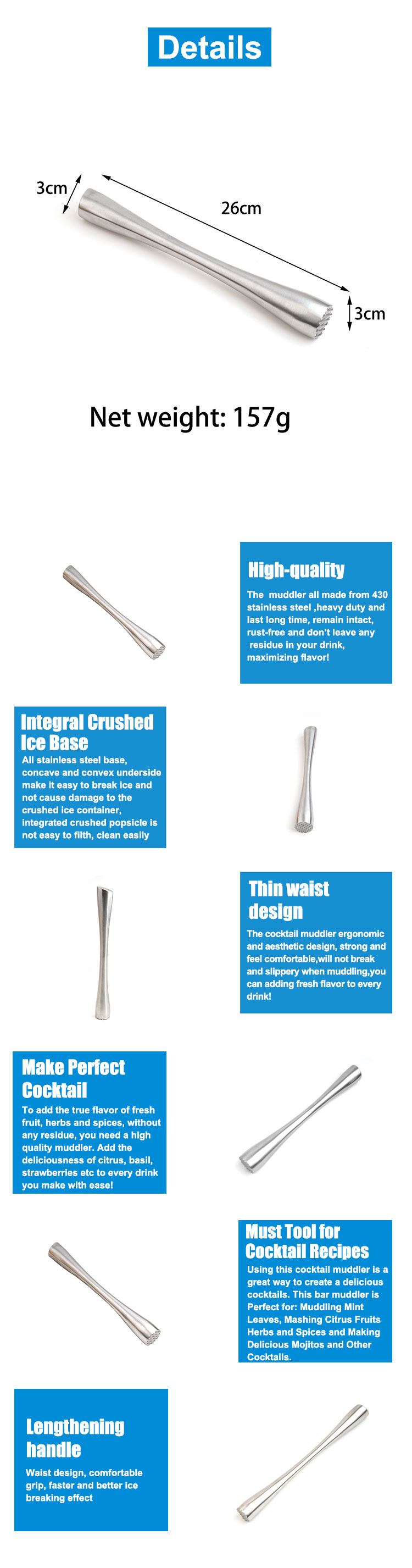 Factory sell stainless steel silvery cocktail or whiskey muddler for bar