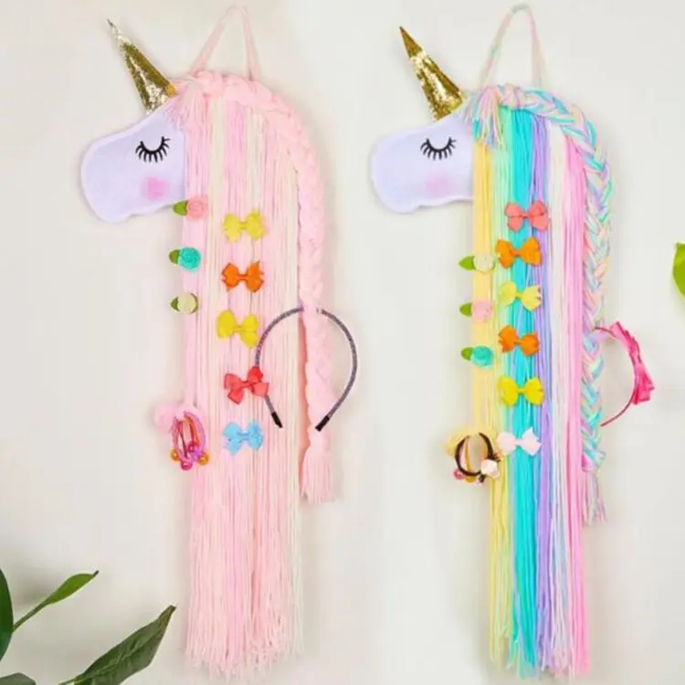 Pinzas de pelo de unicornio, organizador de almacenamiento, soporte de tira de lazo para colgar en la pared para decoración de habitación de niñas, arte de pared estético, borla Bohemia