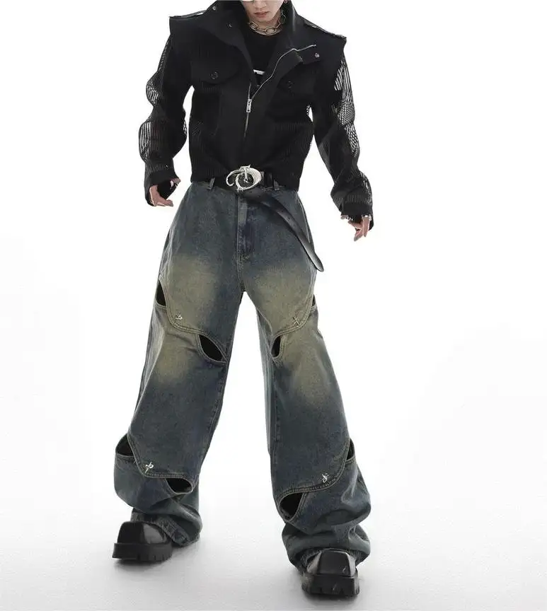 Nostaljik yıkanmış erkek denim pantolon amerikan sokak hip-hop gevşek boyutu erkek denim moda sıkıntılı delikler