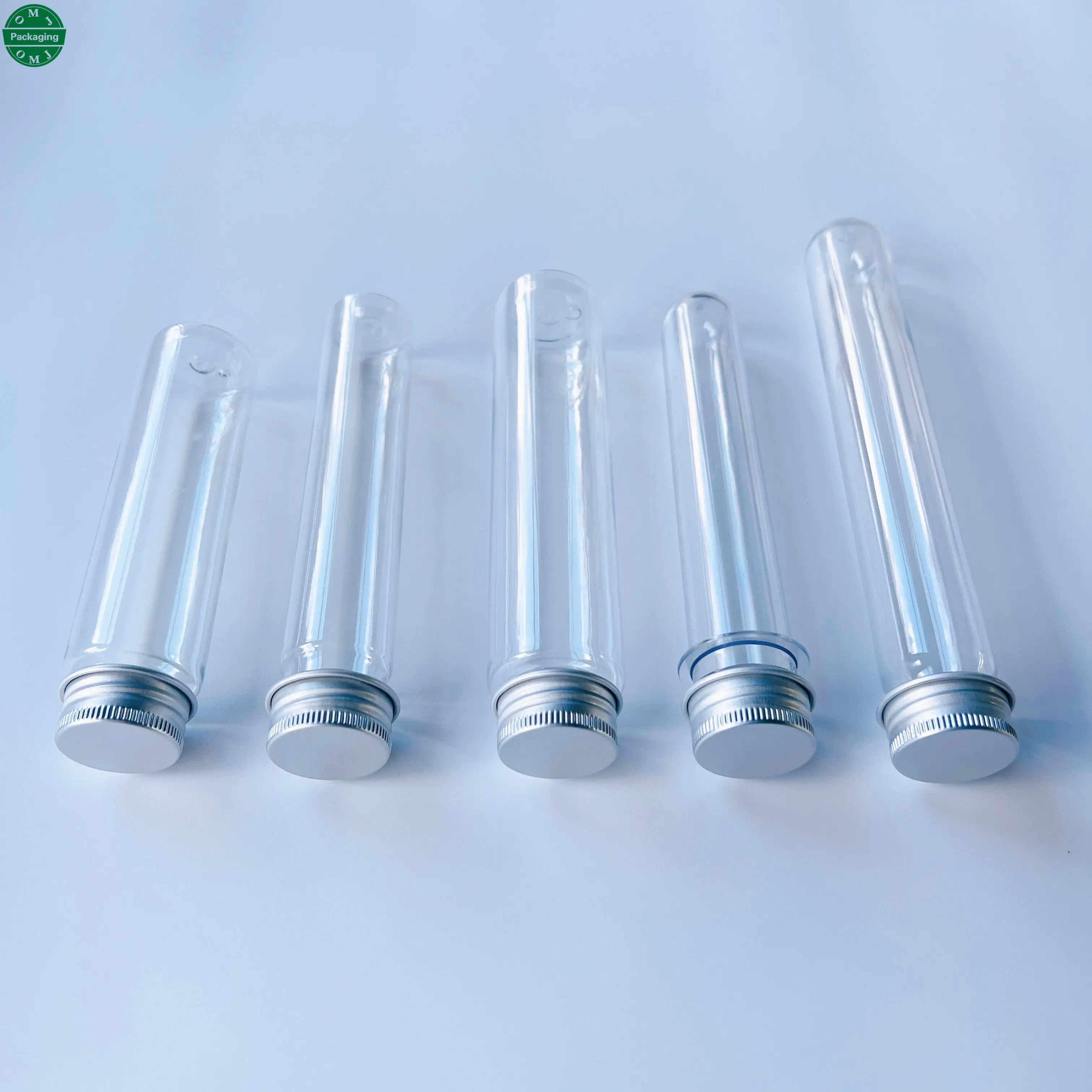 Aluminum screw cap stopper PET tubs plastic test tubes with flat round bottom for wine food packaging