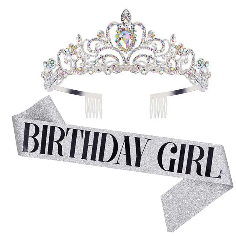 Tiara de strass para aniversário, faixa de prata para decoração de aniversário de mulheres, acessório de cristal com glitter para cabelo, conjunto de tiaras para rainha de aniversário