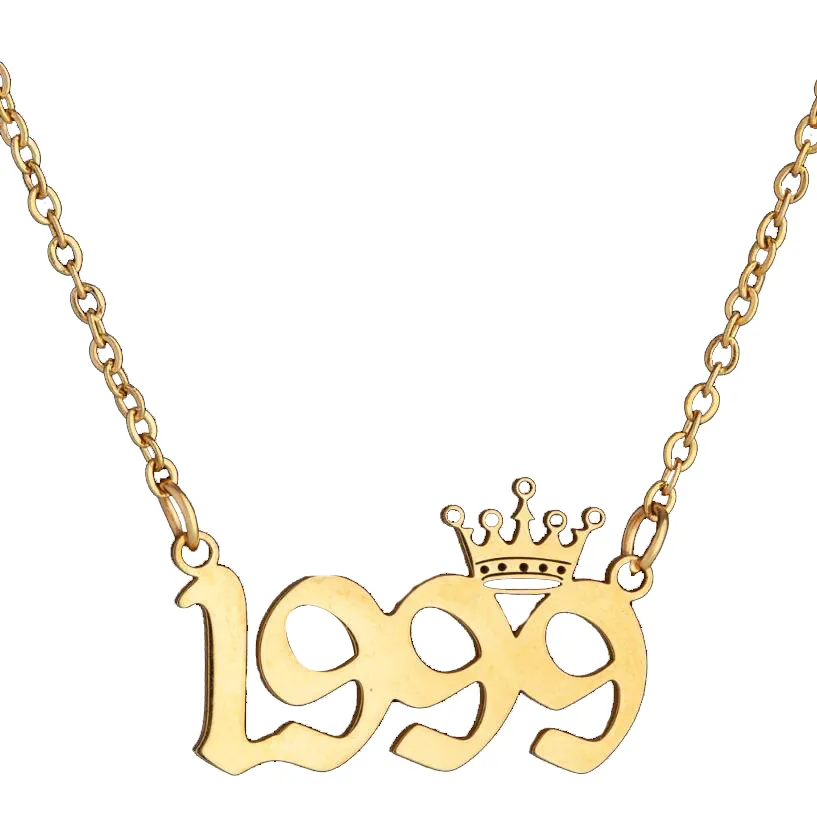 Прямая поставка 1980-2020 Новые ожерелья из нержавеющей стали для родов и новорожденных на английском языке с индивидуальным номером ожерелье с короной на год