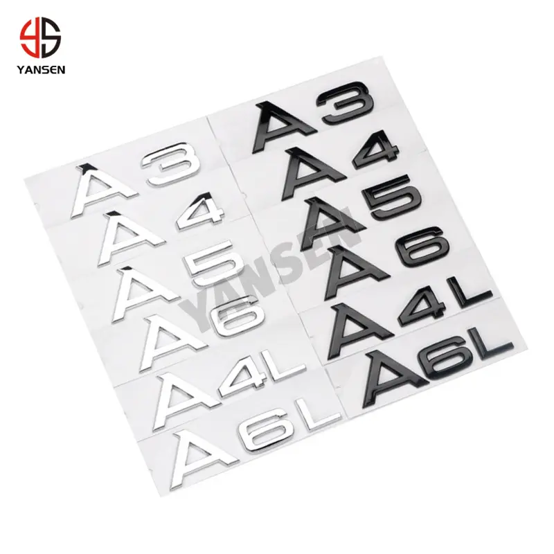 3D Lettres Chiffres Emblème Chrome Noir Brillant Pour Audi A3 A7 A8 Q7 A5 A6 A4 Q2 Q3 Q5 Couvercle De Coffre De Voiture Plaque Signalétique Badge Logo Autocollant