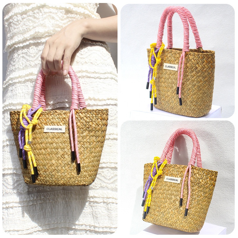 Bolsa amarilla + etiqueta + asa de nailon rosa