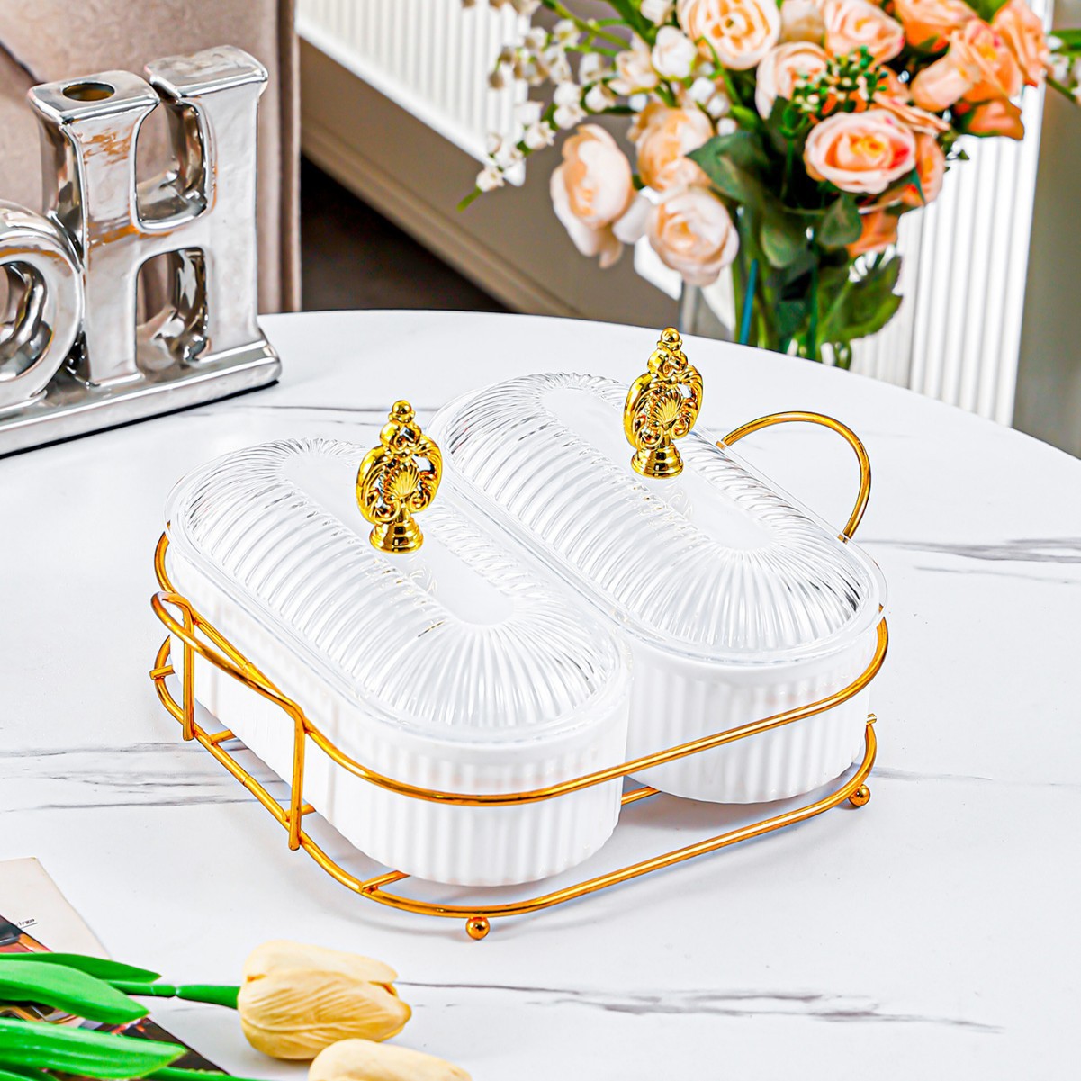 Cadre Fleur Or - Blanc - Grande Assiette Ovale - 2 Compartiments