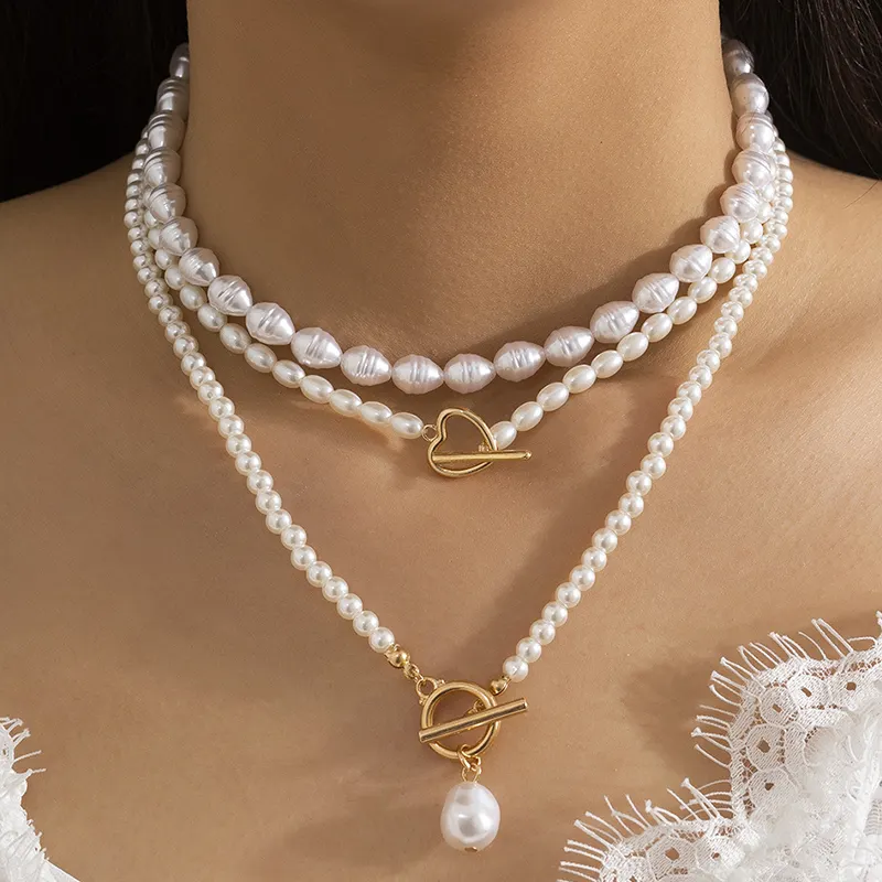 2023 nouveauté bijoux de mode tissé goutte d'eau perle collier en couches chaîne amour coeur pendentif Vintage perlé collier en or