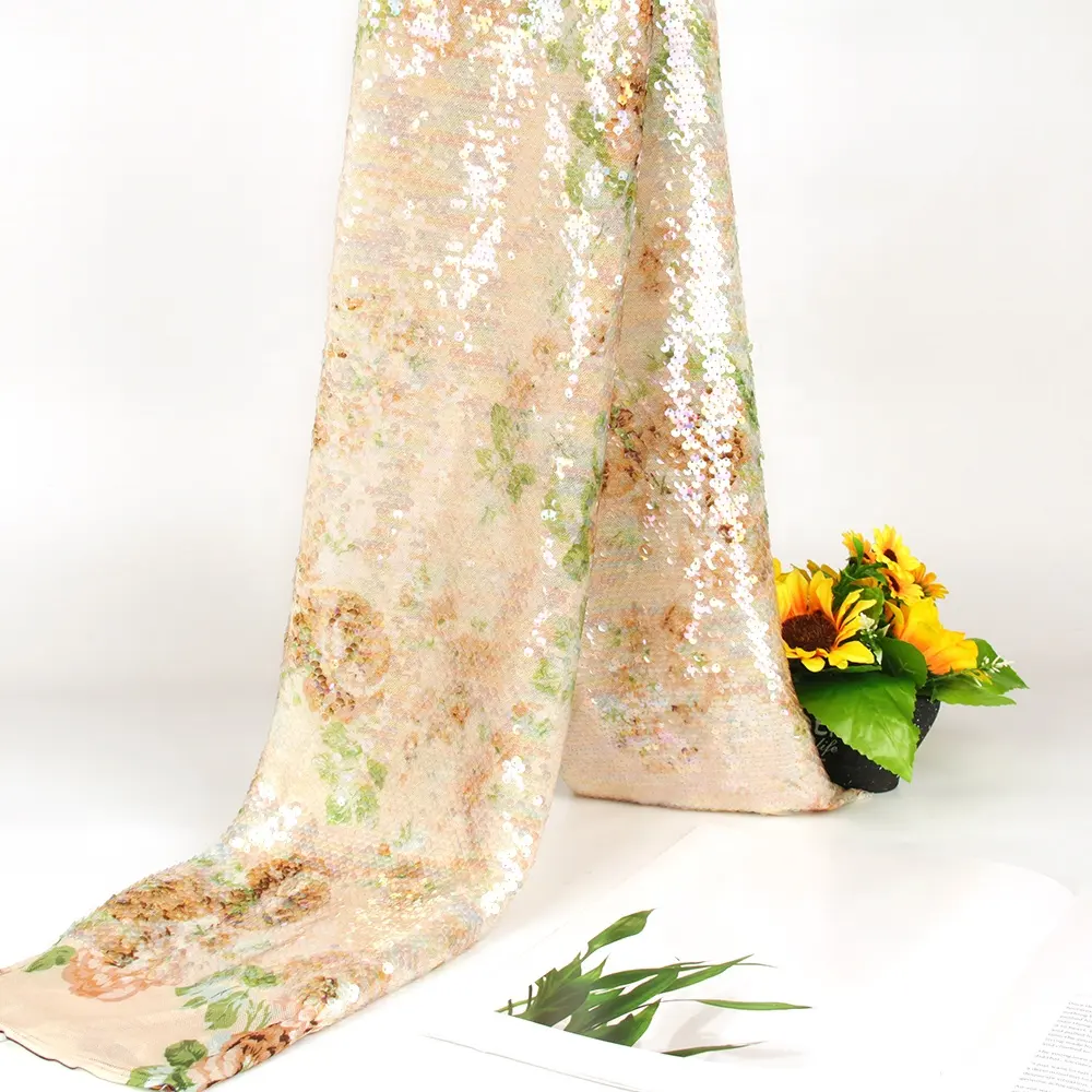 Paillettes imprimées brodées rayure vintage rose motif floral dentelle tissu polyester maille tissu extensible pour robe