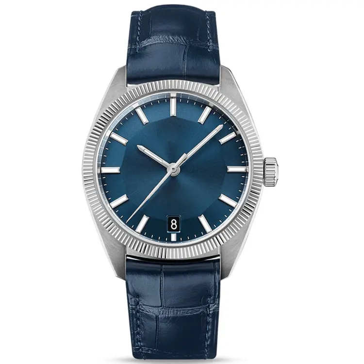 Reloj mecánico para hombre, correa de cuero genuino azul de alta calidad, con funda de acero inoxidable, reloj deportivo automático para hombre