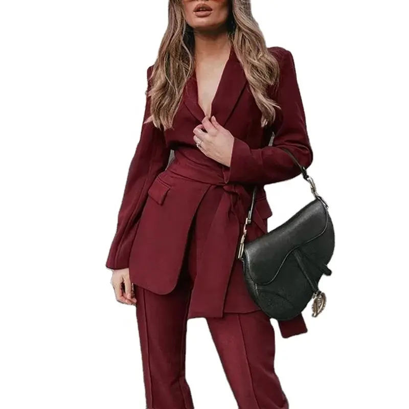 Vrouwen Twee Stuk Broek 2 Stuks Outfits Voor Vrouwen Lange Mouwen Blazer Met Riem Pocket Kant Werk Kantoor Zakelijke Dame casual Suits