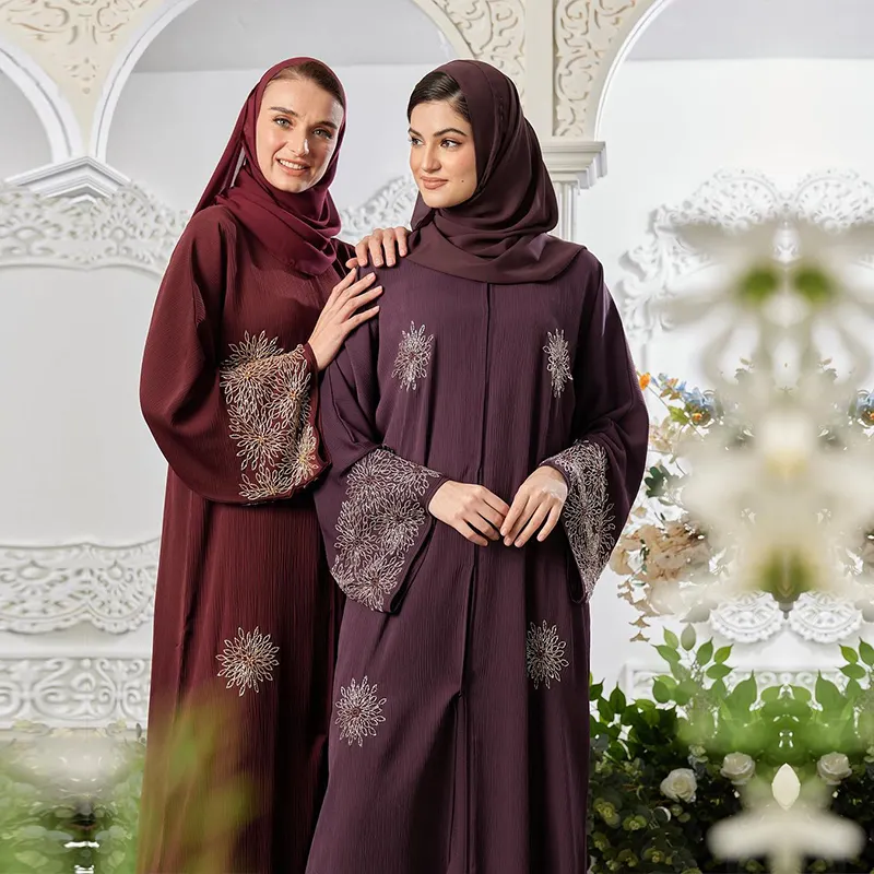 Eid Ramadã muçulmano plissado hijab quimono abaya vestido conjunto bordado flor dourada miçangas mangas abertas vestido abaya hijab