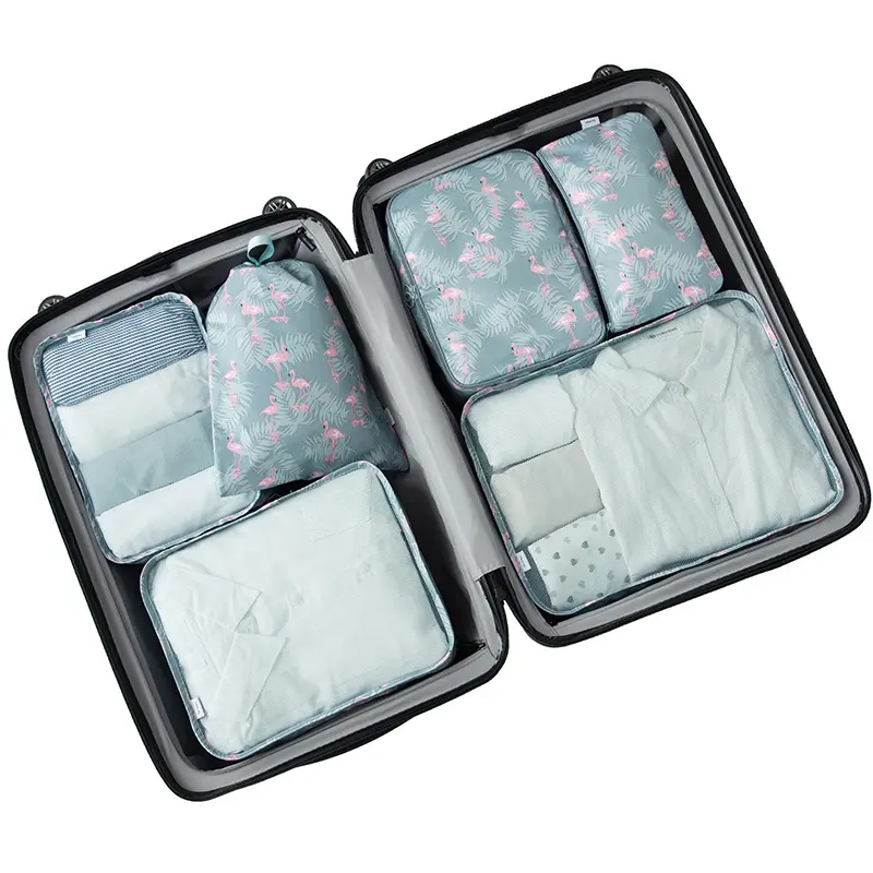 निविड़ अंधकार Foldable हल्के यात्रा 6pcs सामान पैकिंग आयोजकों भंडारण बैग पैकिंग क्यूब्स के लिए सेट कपड़े साफ आयोजक