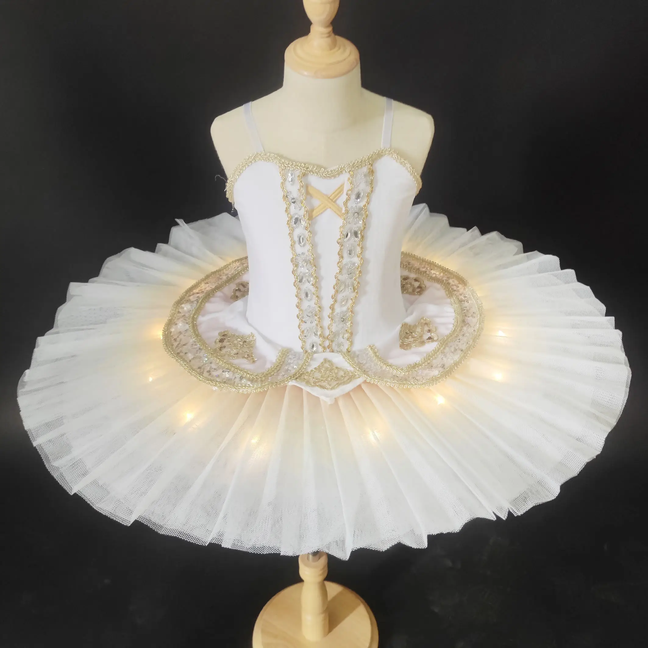 Vestido de balé de cisne branco com luzes led, fantasia de dança para desempenho de palco, dourado, traje para treino de dança