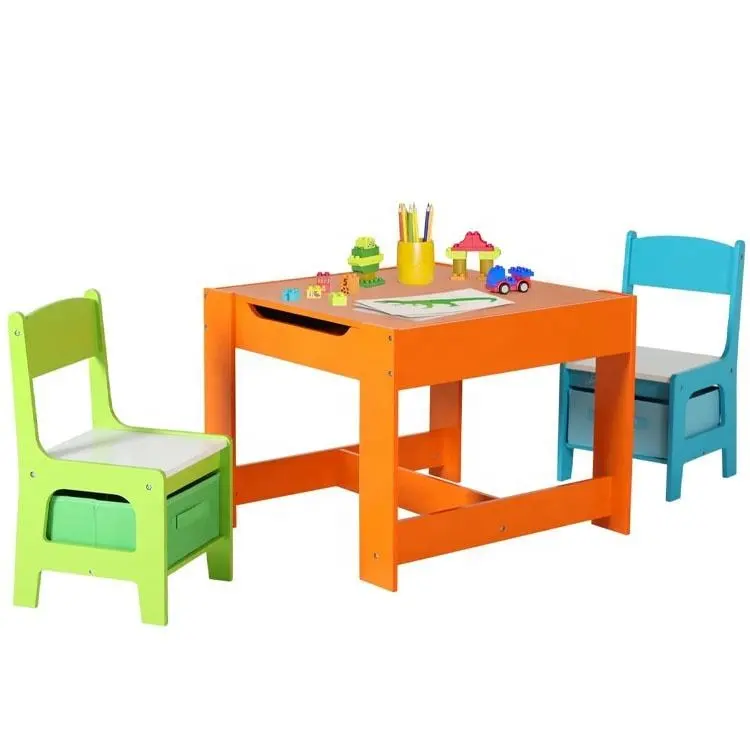 QUAWE Hot Sale Crianças Mesa Cadeira Set Jogo Crianças Cadeira e Mesas Infantis Madeira Mobiliário Infantil com Brinquedos De Armazenamento