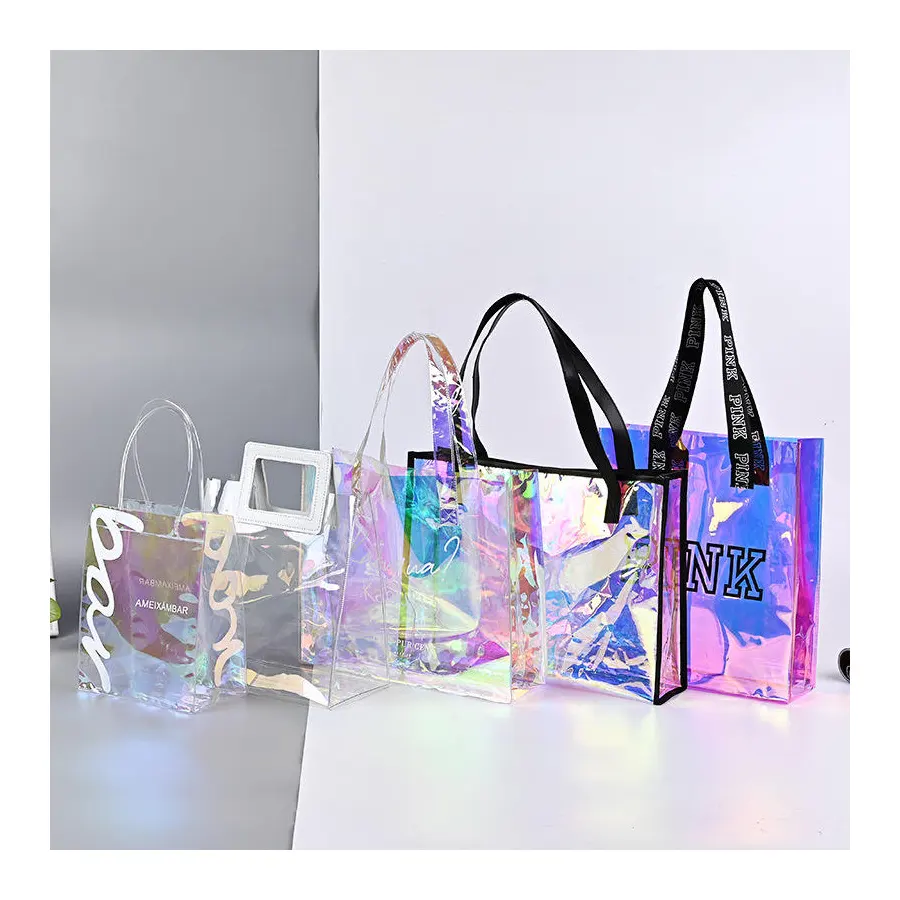 Sac à main en PVC holographique personnalisé Sac de rangement réutilisable pour les courses, les voyages, les bijoux Sac de rangement Sac laser transparent imprimé de logo personnalisé