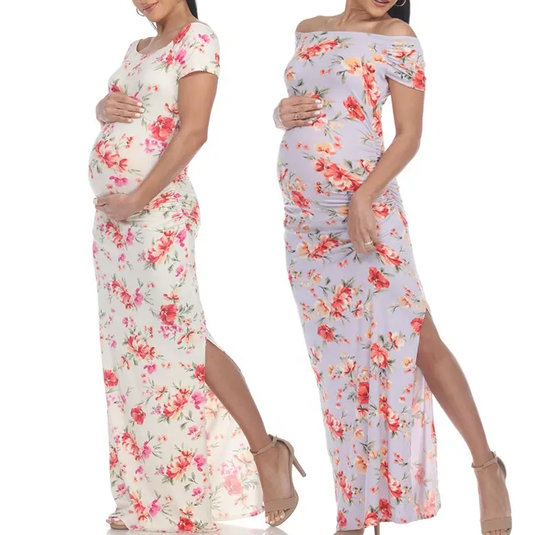 Ropa de maternidad con estampado Floral para Sesión de fotos, vestido largo ajustado elástico para Baby Shower y embarazo con abertura lateral