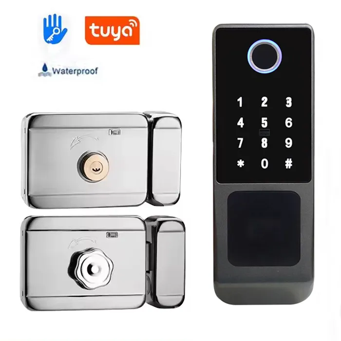Fechadura inteligente de segurança à prova d'água com aro Tuya Wifi App RFID Fechadura de porta inteligente com impressão digital para portão externo