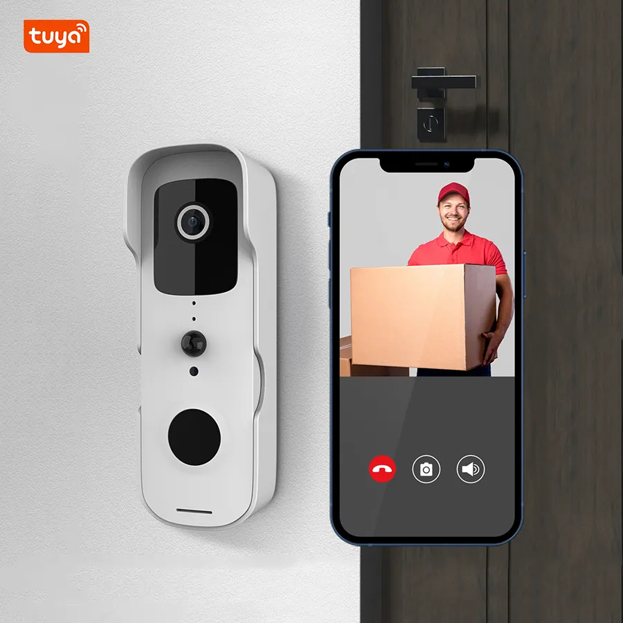 TuyaWifi防水1080PHD2Kカメラワイヤレススマートリングドアベルビデオインターホンシステムドアフォンベルのぞき穴付き