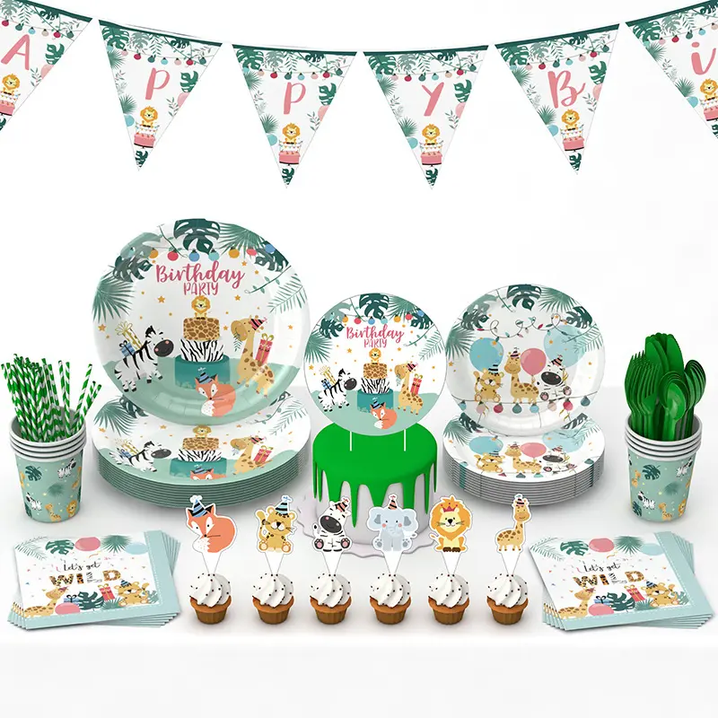 Nuovo Design forest Animal piatto usa e getta per feste festa di compleanno per bambini forniture di carta piatto tazza tovagliolo