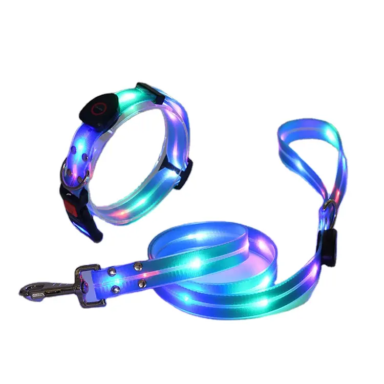 Juego de correa de collar de mascota con luz Led de carga Usb personalizada Correa de perro Led con parpadeo colorido