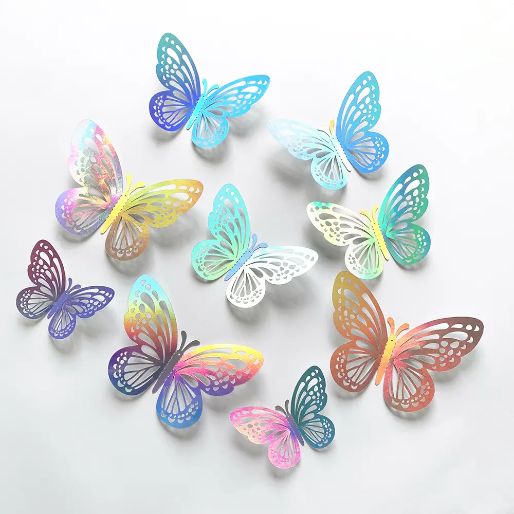 12 adet 3D üç boyutlu renkli gümüş kelebek çıkartmalar düğün festivali parti balon dekorasyon duvar çıkartmaları