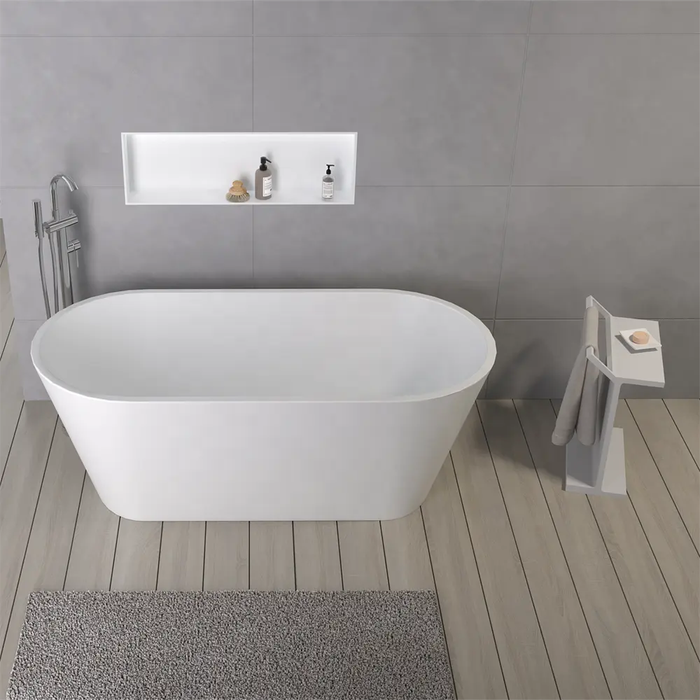 Bañera Ovalada para baño de piedra artificial hecha a medida, bañera de resina de piedra compuesta de superficie sólida independiente de tamaño pequeño