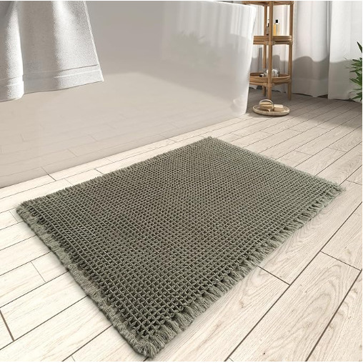 Alfombra de baño con borlas y gofres - Verde