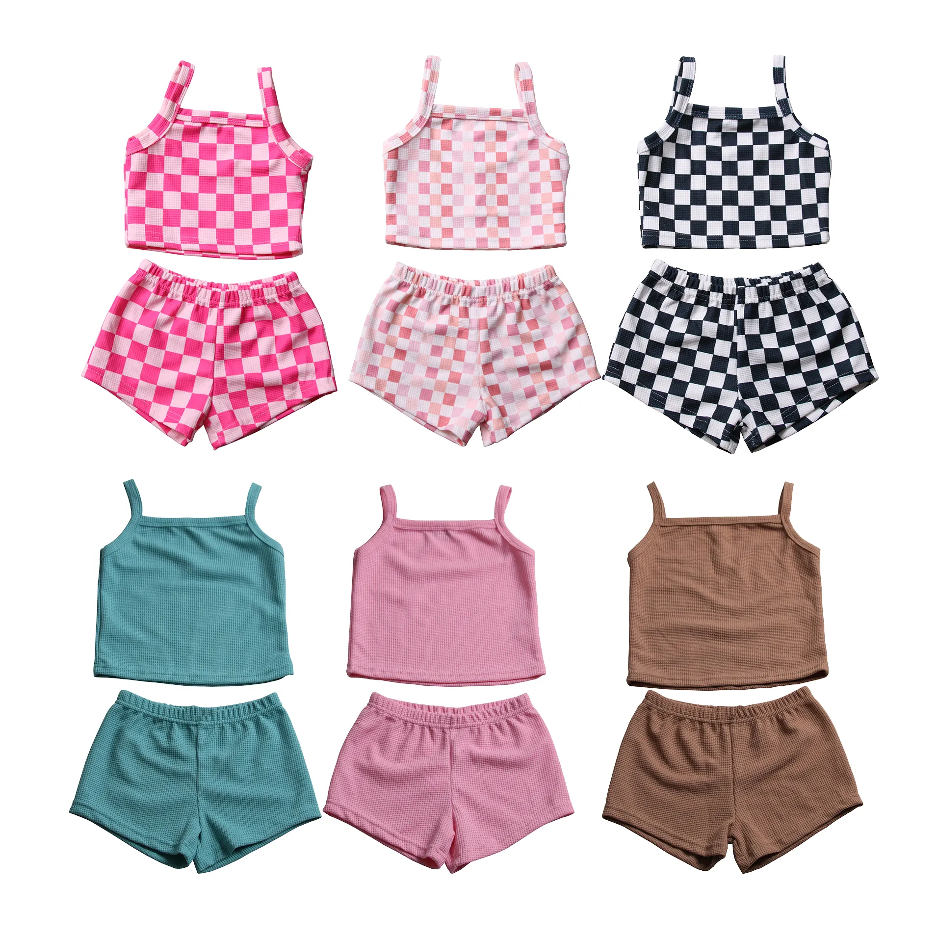 Toptan waffle pamuk bebek yaz giysileri takım çocuklar loungewear set özel yürümeye başlayan kız giyim kıyafet bebek giysileri