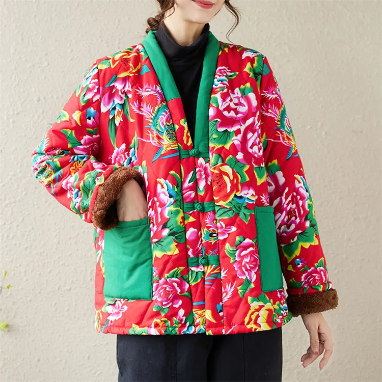 Winter Flower Printed Jackets Cotton-Padded Women Thickened Coats Chinese Style Warm Jacket Female Coat Soft Loose Retro Top