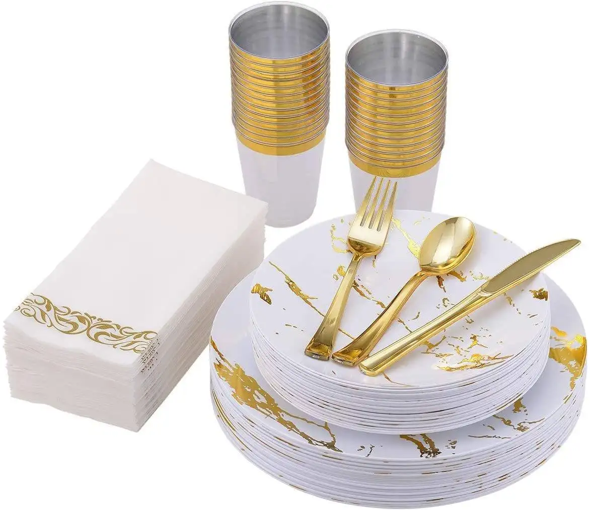 Gümüş ve altın jant bardak beyaz ve altın melamin plakaları ile düğün parti mermer tasarım tek kullanımlık plastik yemek takımı Set