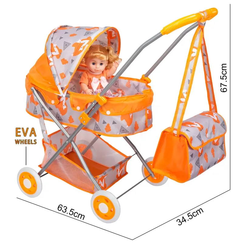 Samtoy Nieuwe Aankomst Oranje Ijzer Alsof Spelen Multifunctionele Opvouwbare Baby Reborn Pop Zonnescherm Kinderwagen Speelgoed Met Poppenaccessoires