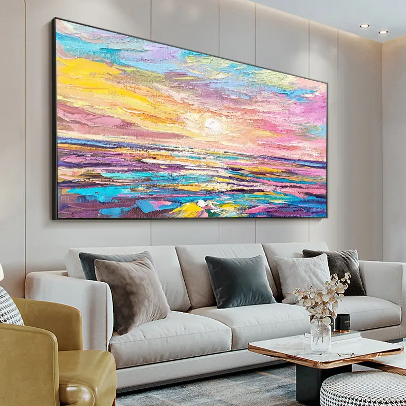 Modern Seaside Sunrise Canvas Handmade Oil Painting Sun Beach Sea Landscape Wall Art Hanging Painting For Living Room Home Decor