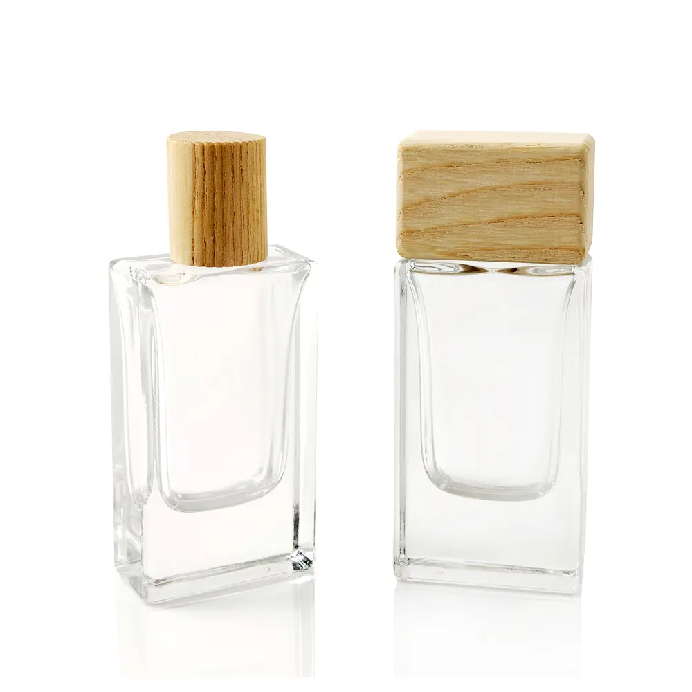 Botella de perfume de vidrio con tapa de madera, 30ml, 50ml, 100ml, fábrica de China, cuello engarzado de pared grueso vacío de alta calidad, 15mm