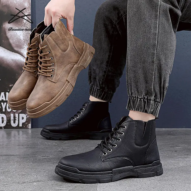 Ankle boot masculino casual, sapatos casuais de couro alto com cadarço