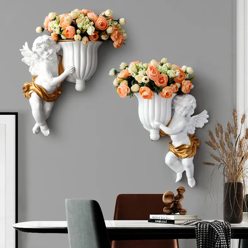 유럽 천사 디자인 수지 꽃병 흰색 빈티지 큐피드 벽 교수형 꽃병 가정 장식 벽 장식