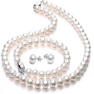 Clássico Simples <span class=keywords><strong>8</strong></span>-9mm Pérola Colar Pulseira Brincos Set Sterling Silver com Nail Inserção Strand Cadeia para Casamentos