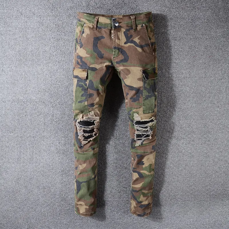 Vente en gros #536 Mens Camo Cargo Jeans Pantalon patché